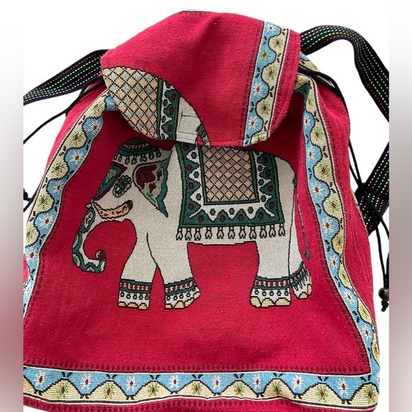 Tibetan Elephant Backpack Drawstring LARGE Red Multicolor Colorful - Picture 2 of 12